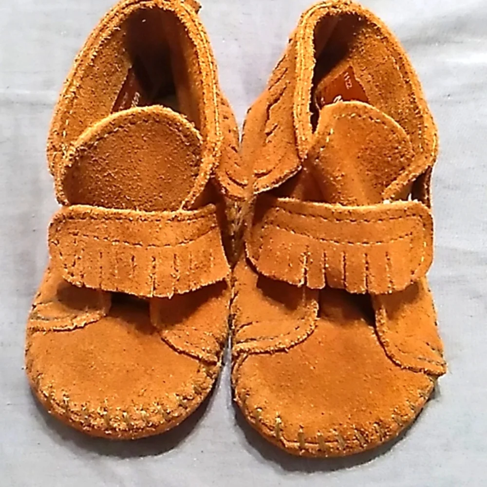 Minnetonka brown baby front strap moccasins